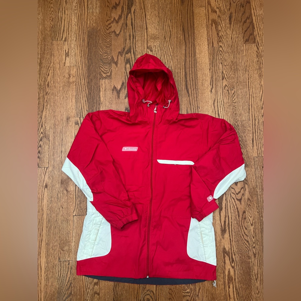 Columbia packable Red And White Windbreaker Jacket Full Zip Hooded Women's Large